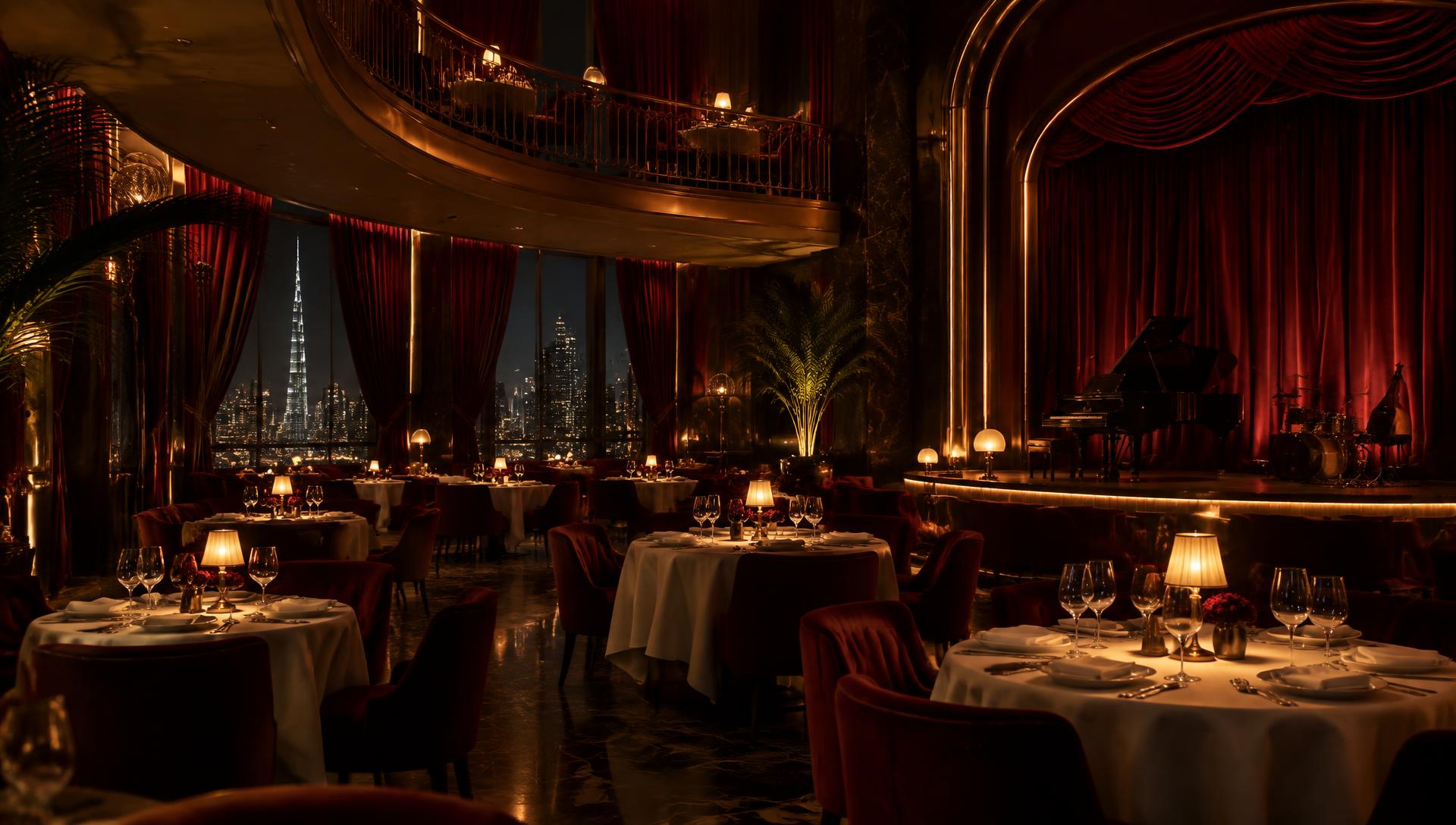 The VESPER dining room and stage at night